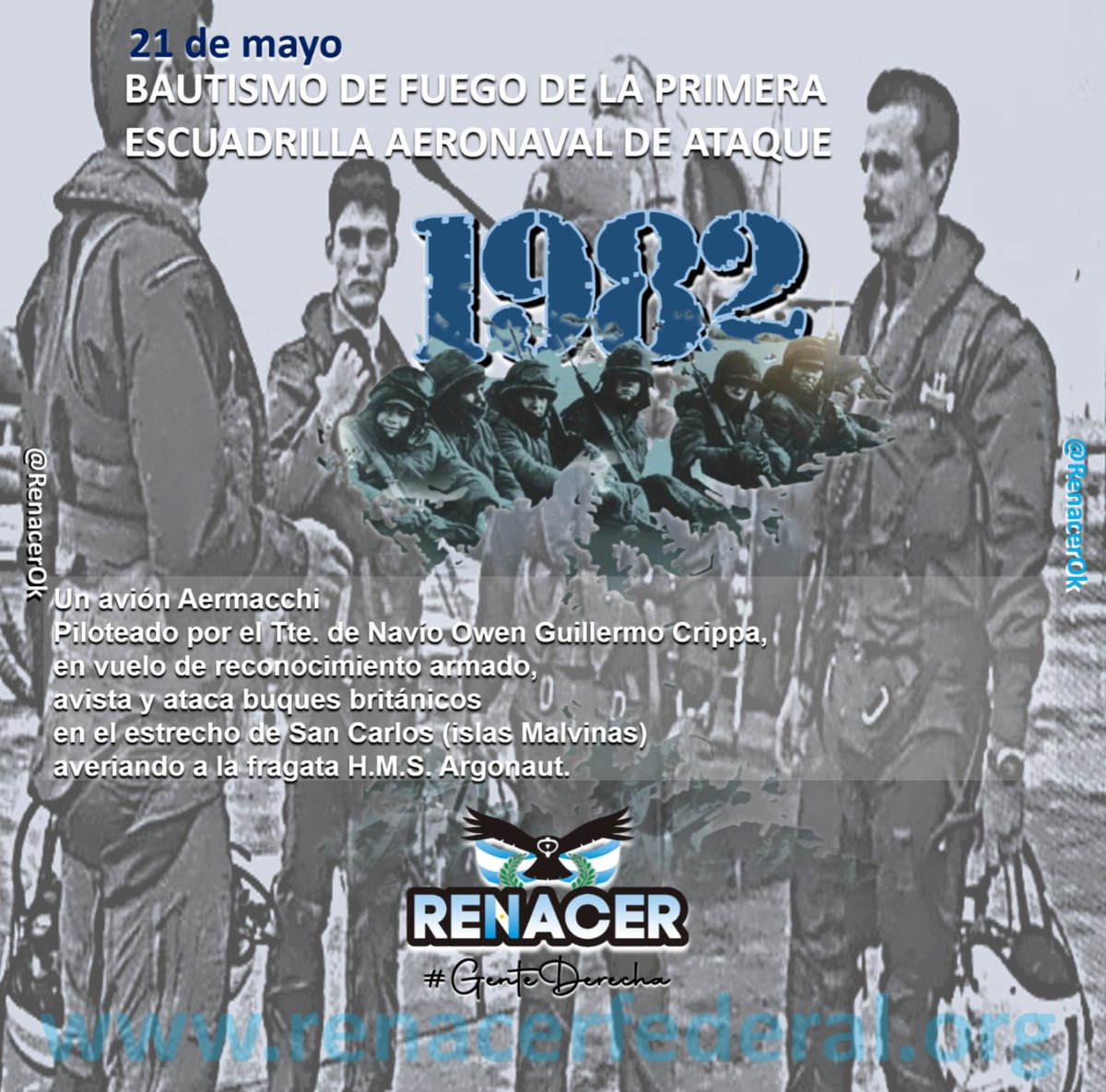 renacerok's tweet photo. #MalvinasArgentinas
Un avión AerMacchi (avión de entrenamiento) piloteado por el Teniente de Navío Owen Guillermo Crippa, en vuelo de reconocimiento armado, avista y ataca buques británicos en el estrecho de San Carlos (islas Malvinas) averiando a la fragata H.M.S. Argonaut https://t.co/Dm4iuNjiqJ