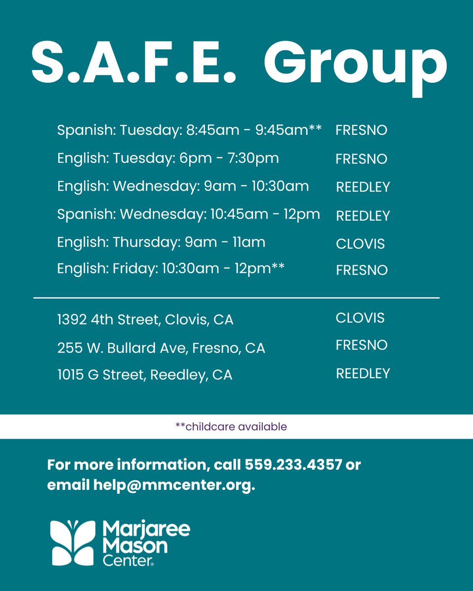 Marjaree Mason Center (@marjareemason) on Twitter photo Join our FREE 12-week course, S.A.F.E. Group—Survivors of Abuse: Free and Empowered. Completion of this course meets court requirements for modifying a restraining order. For questions, please call (559) 233-4357 or email help@mmcenter.org. Join our FREE 12-week course, S.A.F.E. Group—Survivors of Abuse: Free and Empowered. Completion of this course meets court requirements for modifying a restraining order. For questions, please call (559) 233-4357 or email help@mmcenter.org.
