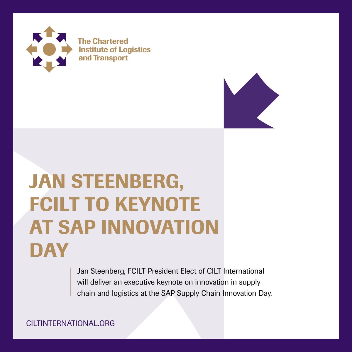 President Elect Jan Steenberg, FCILT, will keynote at SAP’s Supply Chain Innovation Day on 10 June. He’ll share insights on leadership in logistics and how CILT supports global transformation. Register &amp; learn more ➡️ ow.ly/cv8950VVyA8 #CILTInternational #SAPInnovationDay