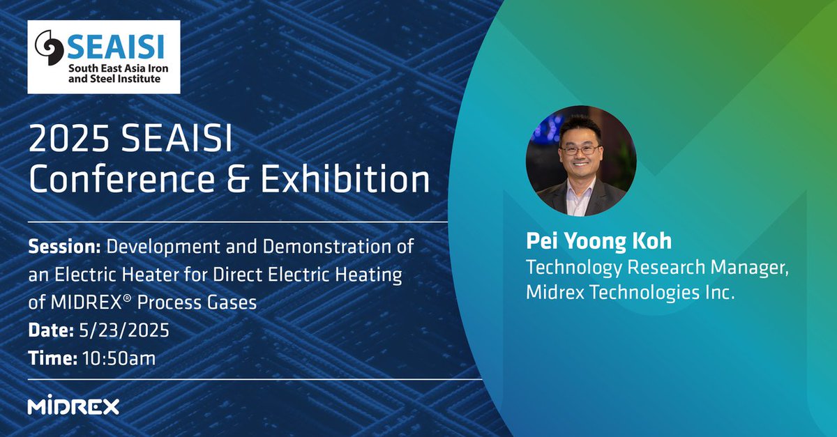 On May 23rd, Technology Research Manager, Pei Yoong Koh will present 'Development &amp; Demonstration of an Electric Heater for Direct Electric Heating of MIDREX® Process Gases' at the 2025 #SEAISI Conference &amp; Exhibition in Jakarta, Indonesia.

seaisi.org/event/36#event