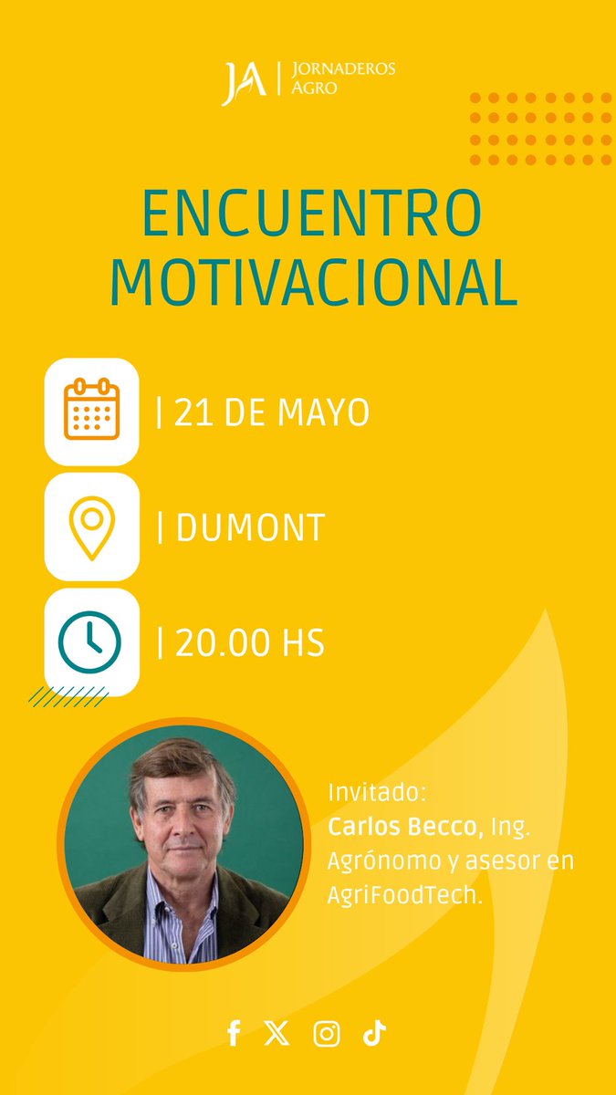 ¡Este miércoles tenemos el segundo Encuentro Motivacional del año! 🚀

👤A cargo de Carlos Becco, gran referente en la transición hacia una agricultura sostenible y asesor en AgriFoodTech.

¡Los esperamos! 🙌🏼
