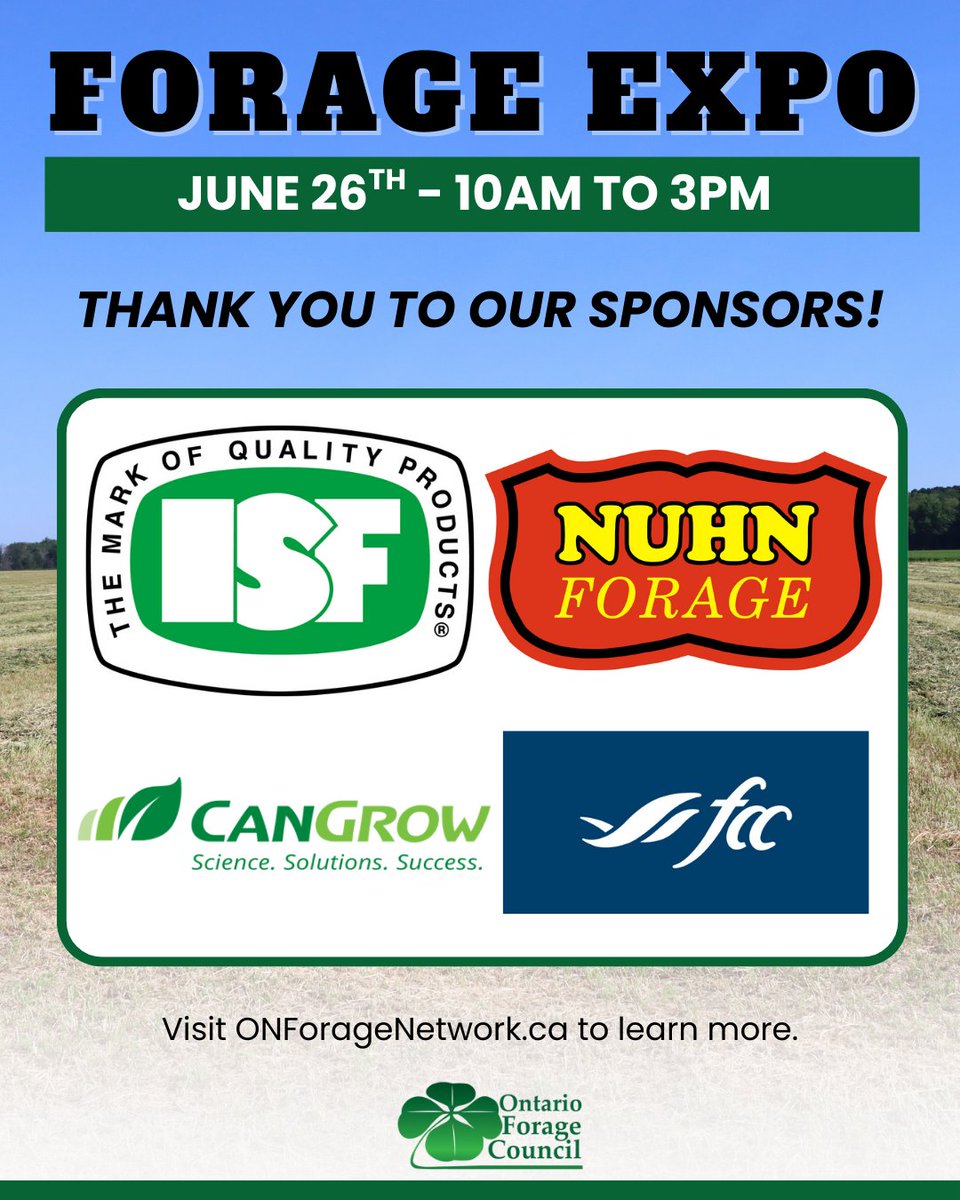 Forage Expo wouldn’t happen without the support of our incredible sponsors! Thank you!

Learn more about Forage Expo, coming up on June 26th in Bruce County, at onforagenetwork.ca/ontario-forage…

<a href="/FCCagriculture/">Farm Credit Canada</a> <a href="/NuhnForage/">Nuhn Forage</a> <a href="/CangrowCrop/">Can Grow Crop Solutions</a>