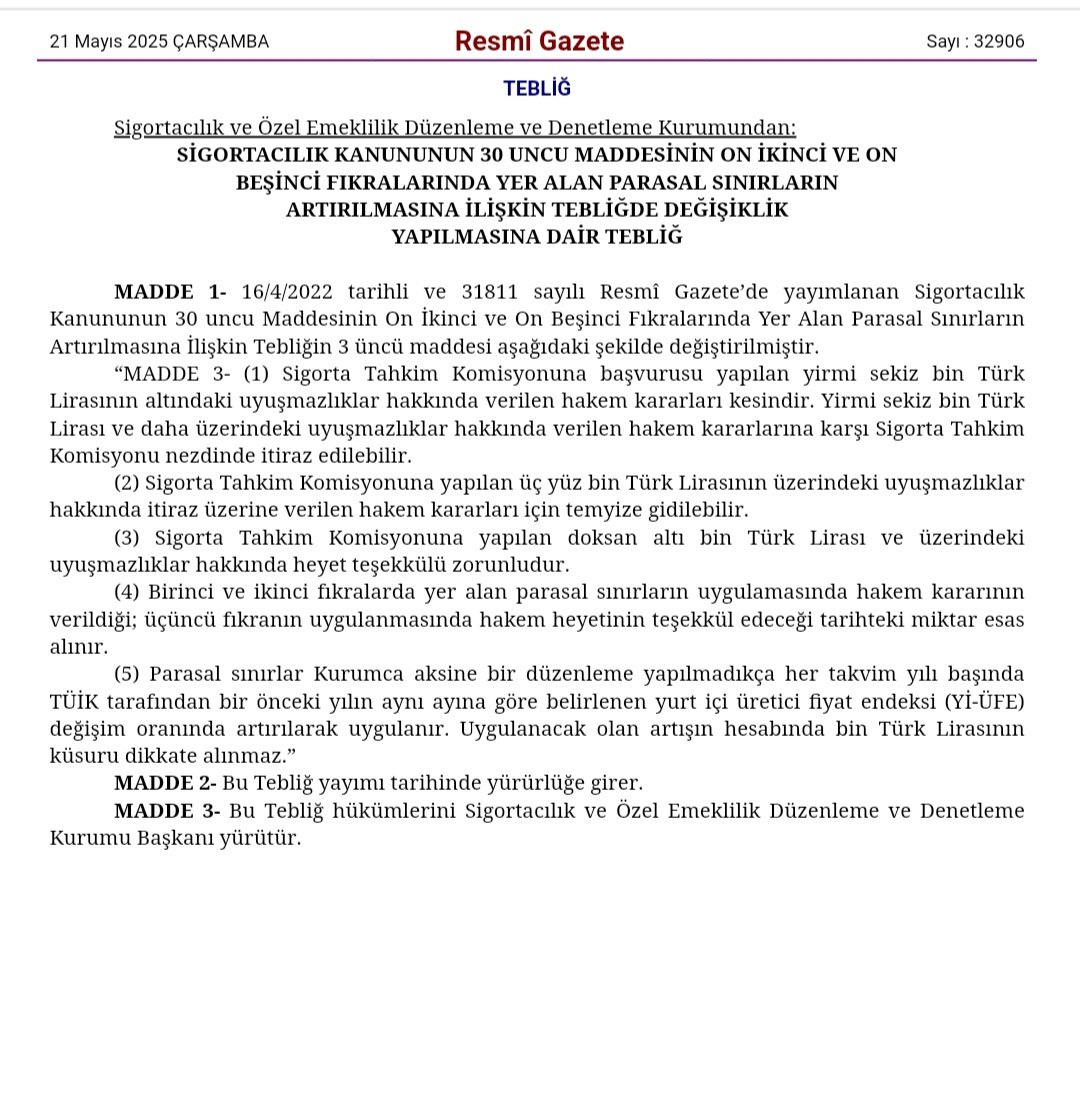 #Sigorta Tahkim Komisyonu Uyuşmazlık Hakem Heyeti ve İtiraz Hakem Heyeti kararlarına karşın itiraz (28.000-TL), temyiz (300.000-TL) olarak parasal sınırlar güncellendi ve bugün itibariyle yürürlüğe girdi.