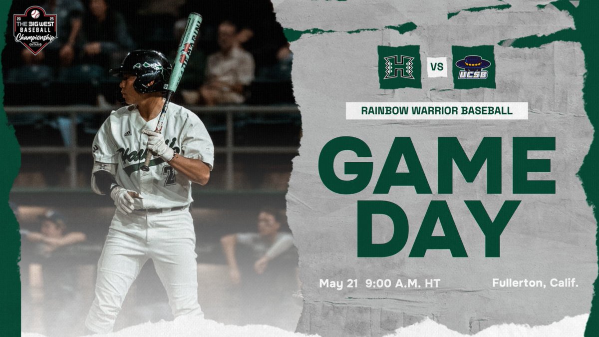 HawaiiBaseball's tweet photo. Big West Championship
⚾️: Hawai'i vs. UC Santa Barbara
🕖: 9:00 A.M. HT
📍: Fullerton, Calif.
📊: https://t.co/H91VDzmSBK
🔊: ESPN Honolulu https://t.co/VjvjNAuDrw
💻: ESPN+ https://t.co/pM6UJ2zTdU https://t.co/zQJEBRQOGf
