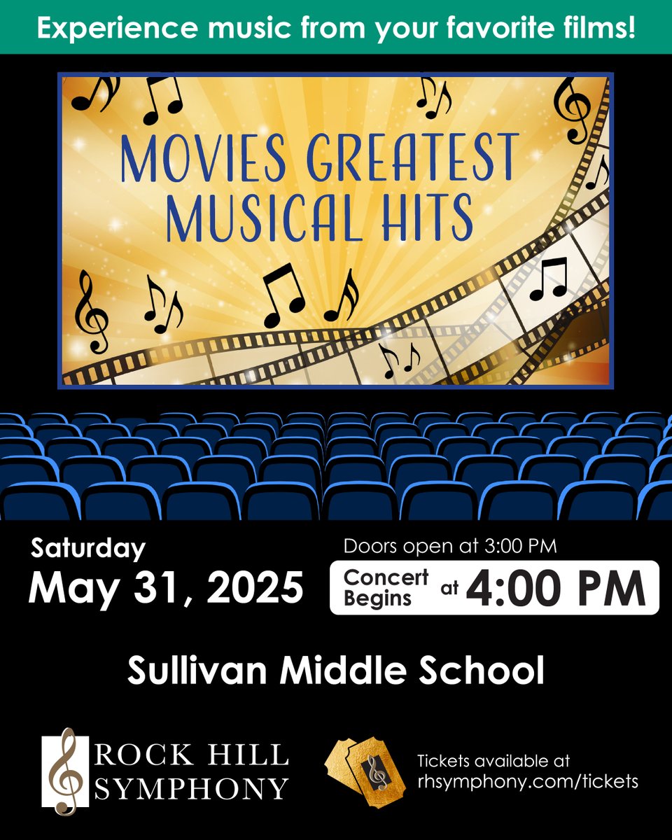 🎬 Lights, Camera, Symphony!
Get ready for a blockbuster night with the Rock Hill Symphony Orchestra as they bring your favorite movie moments to life through music! A perfect evening for families, film buffs and music lovers.
 🎟️Grab your tickets at rhsymphony.org/tickets now!