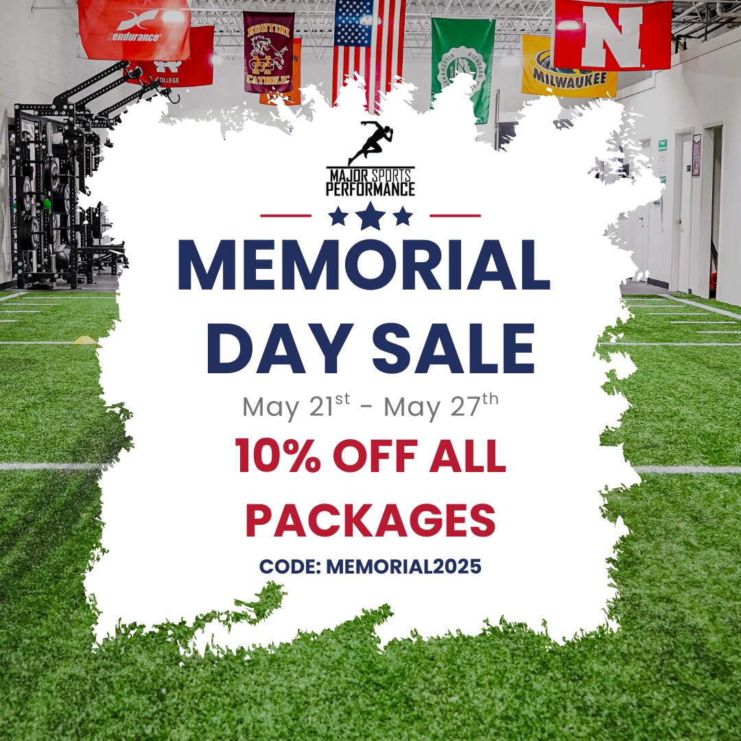 🔥 MEMORIAL DAY SALE IS HERE! 🔥

May 21st - May 27th
🚨 10% OFF ALL TRAINING PACKAGES! 🚨

Use code: MEMORIAL2025 at checkout and SAVE!

📆 Sale ends May 27th — don’t miss it!

#MajorSportsPerformance #MemorialDay2025 #AthleteLife #WheatonIL