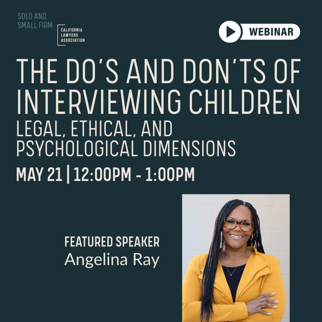 Happening TODAY at 12 PM!

Join us for "The Do’s and Don’ts of Interviewing Children: Legal, Ethical, and Psychological Dimensions."
Register now: bit.ly/4kd7DQ6

#FamilyLaw #ChildAdvocacy #MCLE #LegalEthics #CLAWebinar #CaliforniaLawyers #SoloSmallFirm #LegalEducation