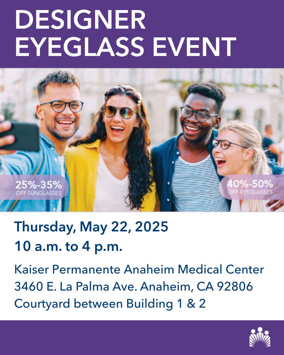 Kaiser Permanente Orange County (@kpocthrive) on Twitter photo Reminder! Join us tomorrow for our Designer Eyeglass Event <a href="/vekpsocal/">Vision Essentials</a>. Shop eyeglasses and sunglasses at our Anaheim Medical Center from 10 a.m. to 4 p.m. Reminder! Join us tomorrow for our Designer Eyeglass Event <a href="/vekpsocal/">Vision Essentials</a>. Shop eyeglasses and sunglasses at our Anaheim Medical Center from 10 a.m. to 4 p.m.