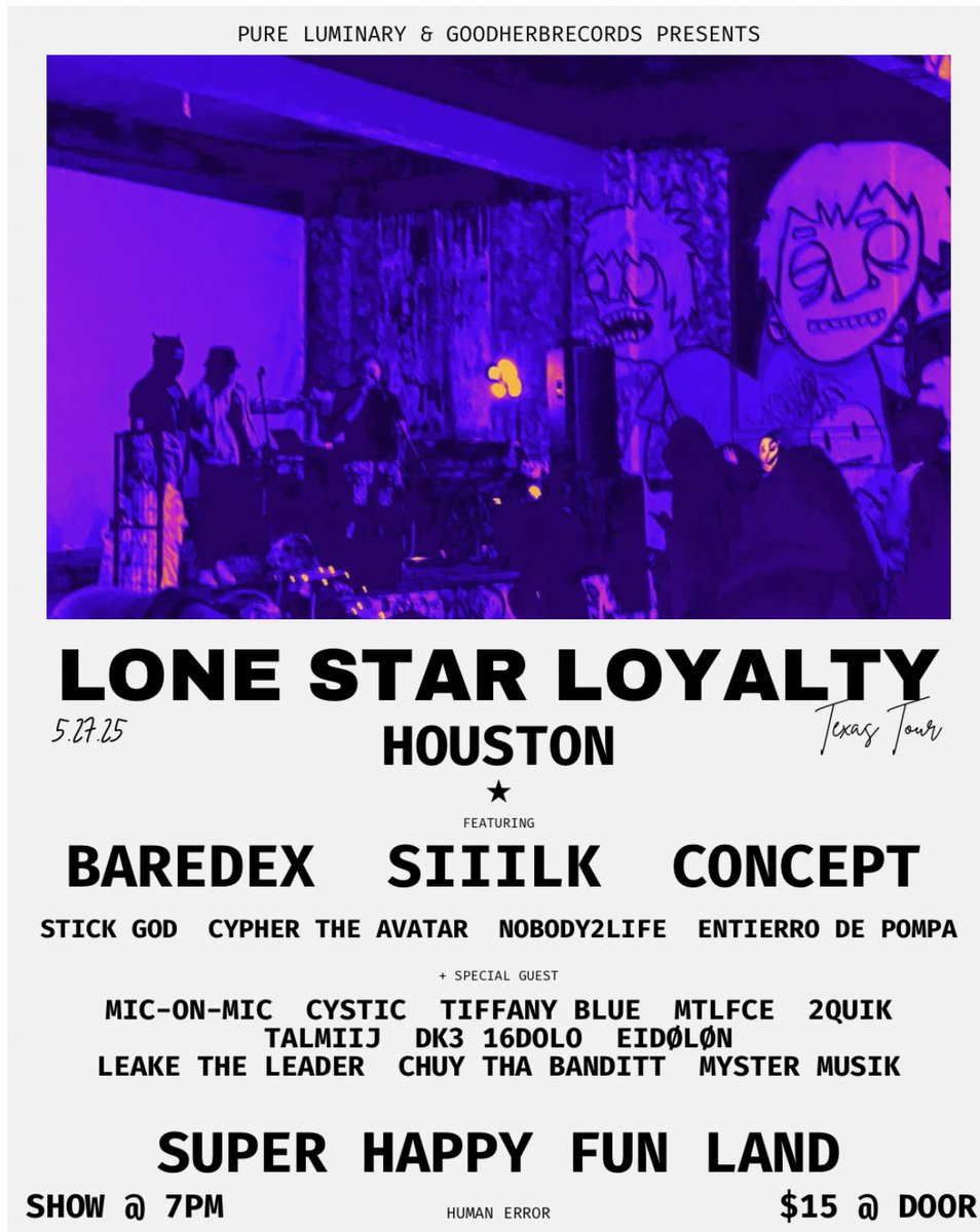 Cystic (@cysticofficial) on Twitter photo HTX
i will be a special guest performing at Super Happy Funland alongside <a href="/7siiilk/">SIIILK ⭑</a> <a href="/ConceptRaps/">🛸Big Hash🛸</a> <a href="/baredex/">baredex 😴</a> <a href="/STICKGOD13/">STICKY ICKY G</a> <a href="/CyphertheAvatar/">Cypher the Avatar</a> <a href="/Nobody2LIFE/">OFFLINE🔴 DEAD</a> + more friends.
hope to see you there on the 27th🖤 HTX
i will be a special guest performing at Super Happy Funland alongside <a href="/7siiilk/">SIIILK ⭑</a> <a href="/ConceptRaps/">🛸Big Hash🛸</a> <a href="/baredex/">baredex 😴</a> <a href="/STICKGOD13/">STICKY ICKY G</a> <a href="/CyphertheAvatar/">Cypher the Avatar</a> <a href="/Nobody2LIFE/">OFFLINE🔴 DEAD</a> + more friends.
hope to see you there on the 27th🖤
