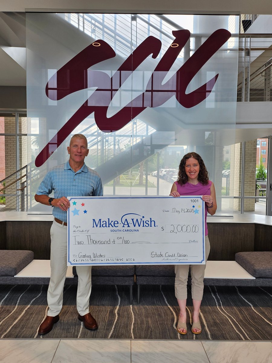 State Credit Union (@scuconnect) on Twitter photo Jim Kinard, SCU's President/CEO, presented a $2,000 check last week to Mary Silverberg of <a href="/MakeAWishSC/">Make-A-Wish South Carolina</a>. We are pleased to help support their important mission; creating life-changing wishes for children with critical illnesses. Jim Kinard, SCU's President/CEO, presented a $2,000 check last week to Mary Silverberg of <a href="/MakeAWishSC/">Make-A-Wish South Carolina</a>. We are pleased to help support their important mission; creating life-changing wishes for children with critical illnesses.