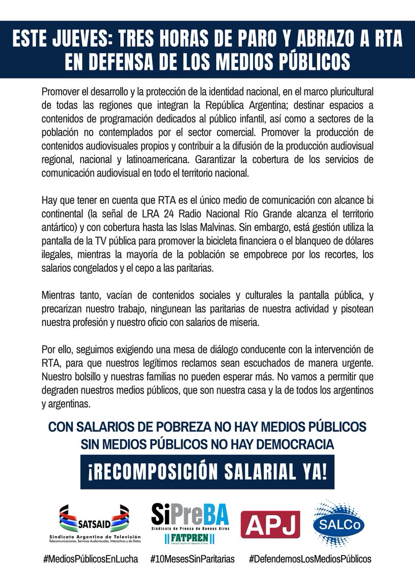 📢 ¡Abrazo simbólico a la TV Pública!

Este jueves 22 a las 13.30 hs nos encontramos en Figueroa Alcorta 2977 para exigir #RecomposiciónSalarialYA 💥

❌ Basta de salarios de pobreza

💬 ¡Sin medios públicos no hay democracia!

#MediosPúblicosEnLucha #10MesesSinParitarias