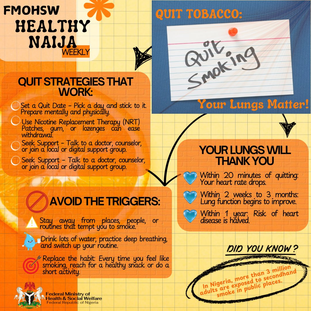 Healthy Naija Weekly: “Quit Tobacco: Your Lungs Matter!” 🚭

-Tobacco use is a leading cause of preventable deaths in Nigeria.
-Over 7,000 chemicals are found in tobacco smoke at least 70 can cause cancer.

Tobacco doesn’t just harm your lungs it affects your entire body, your