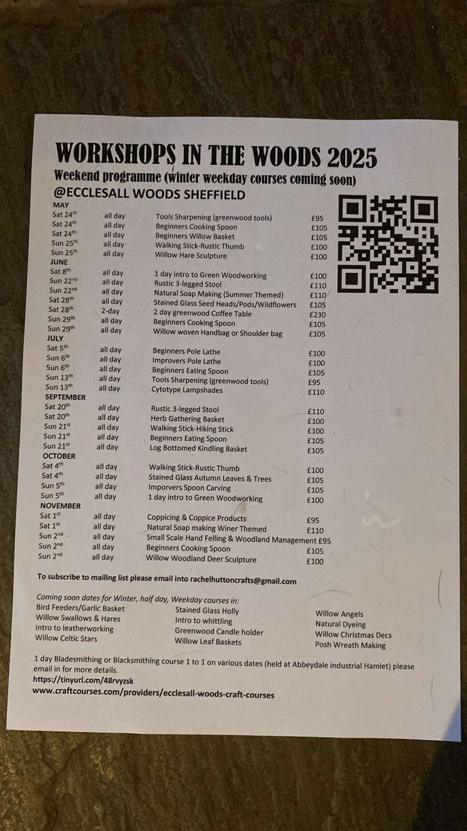 🌳🌳 2025 Craft Courses in #EcclesallWoods with Workshops In The Woods.

Further Information and Book Here: craftcourses.com/providers/eccl…

We Open during all courses &amp; Tuesday - Sunday / 10am - 4pm: #coffee #tea #cake etc.

<a href="/theoutdoorcity/">The Outdoor City</a> <a href="/VisitSheffield/">Welcome to Sheffield</a>
#SheffieldIsSuper #SheffEvents