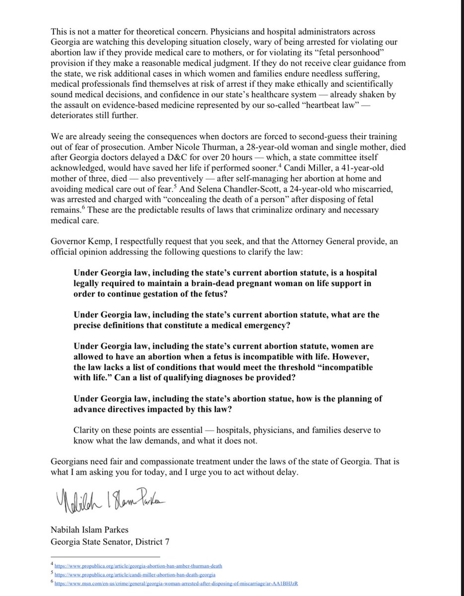 I have delivered a letter to Governor Brian Kemp, urging him to exercise his authority under O.C.G.A. § 45-15-3(1) to request a formal legal opinion from Attorney General Carr on Georgia’s abortion law. 

Georgia’s abortion ban has caused profound harm, contributing to