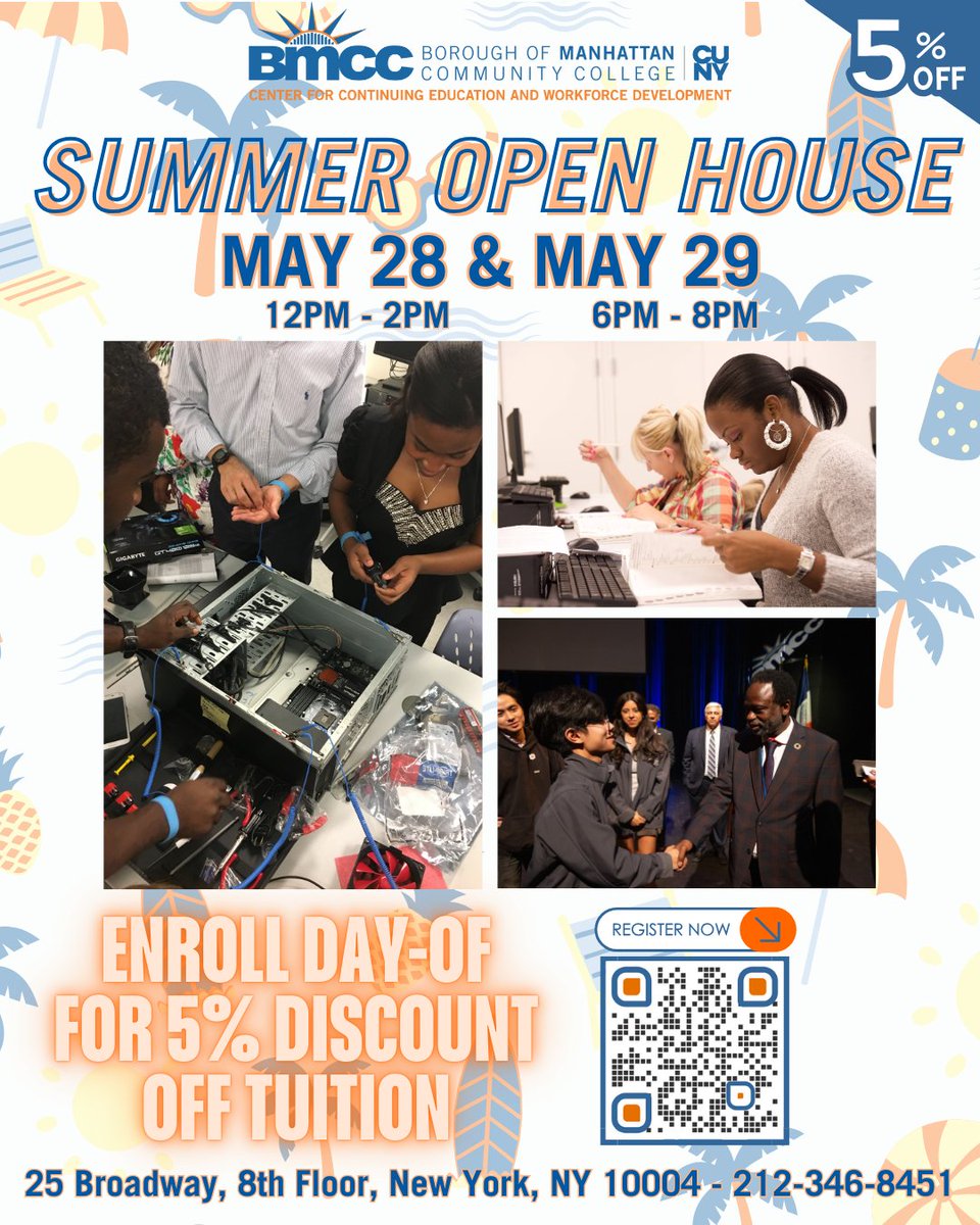 ACE_BMCC's tweet photo. Will we see you NEXT WEEK!?!

🌟 Embark on a career in IT, Diplomatic Affairs or the Cannabis Industry. Learn how at our Summer Open Houses! 

📅Wed, 5/28 | 12–2PM 📅 Thu, 5/29 | 6–8PM

SCAN THE QR CODE TO REGISTER. 
💥 5% off tuition if you register day-of! https://t.co/FaxwV07Xw1