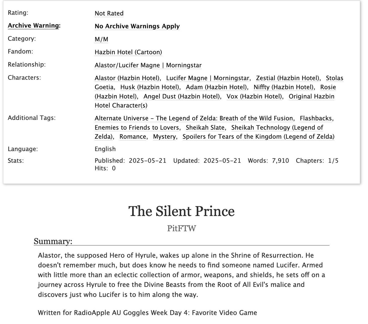 Isn't Petra so freaking talented!? I've never seen a gayer display. These two idiots deserve each other fr fr

Also! The Zelda AU: The Silent Prince is now posted! Come check it out! 

Link below!