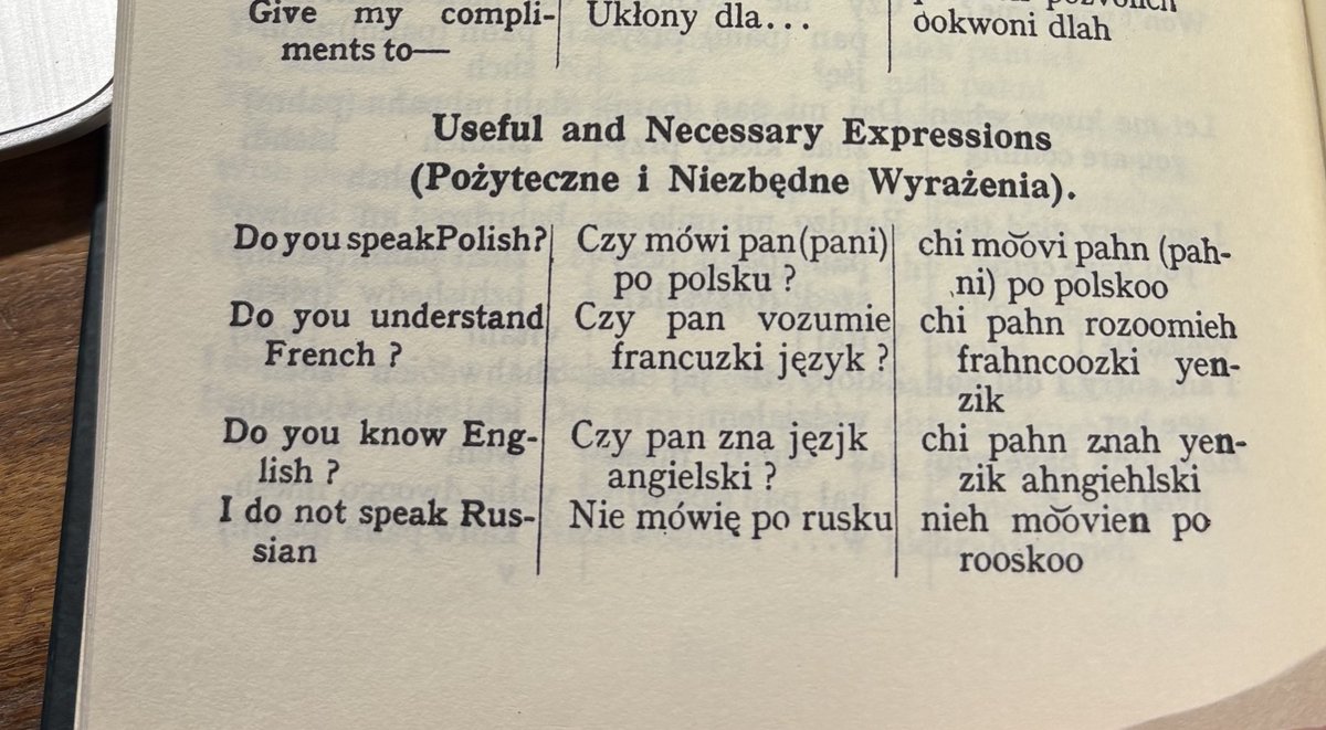 Polish Self-Taught phrasebook from 1925, including phrases on the use of marks as currency (despite the currency change to the złoty in 1924), phrases on travelling by steamer to Danzig, and a ‘useful and necessary expression’; “I do not speak Russian”