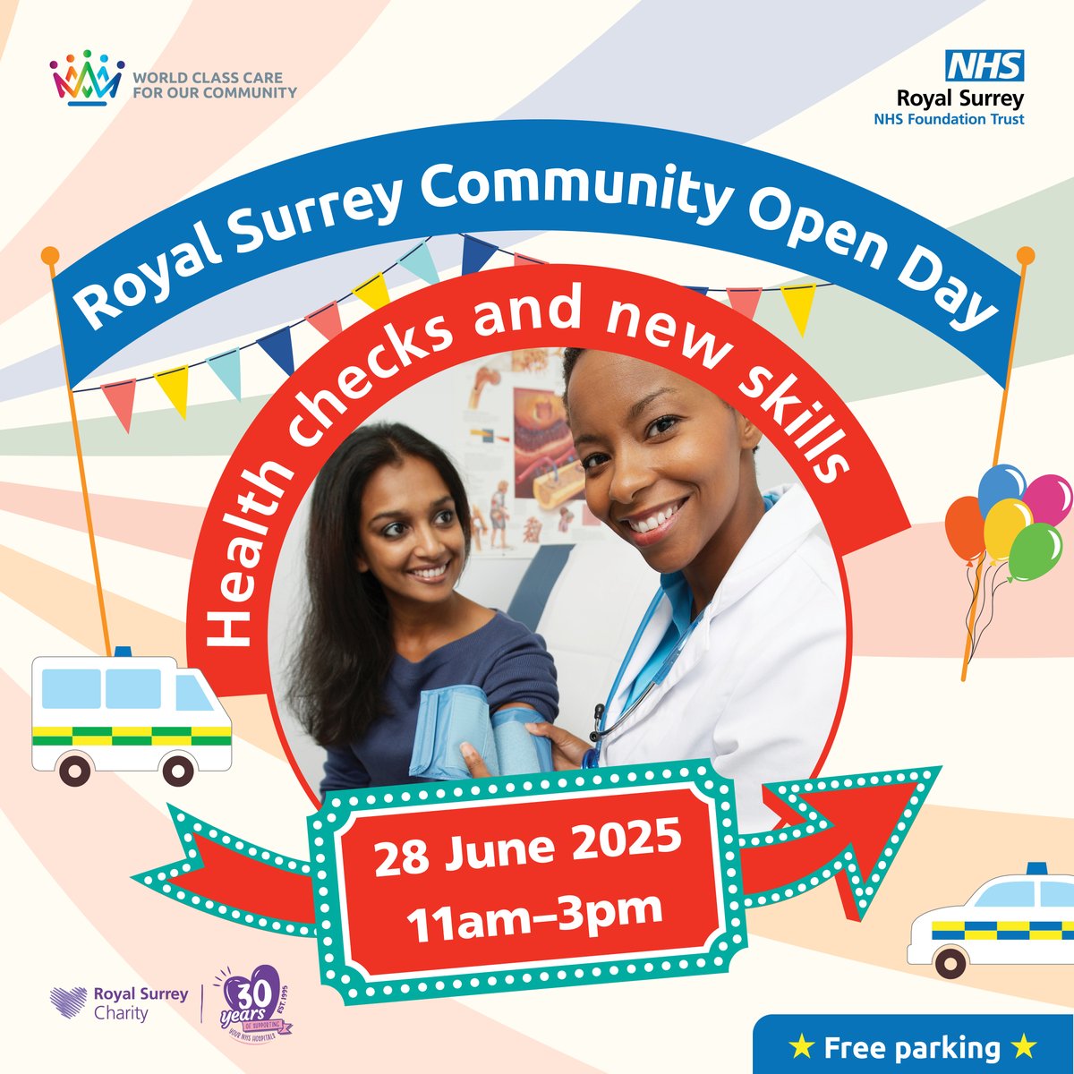 Have you made plans to come to our Community Open Day?

Our amazing staff will be showcasing their skills and sharing their expertise, offering health checks and advice on a whole range of specialisms.

Find out more about our Open Day royalsurrey.nhs.uk/openday