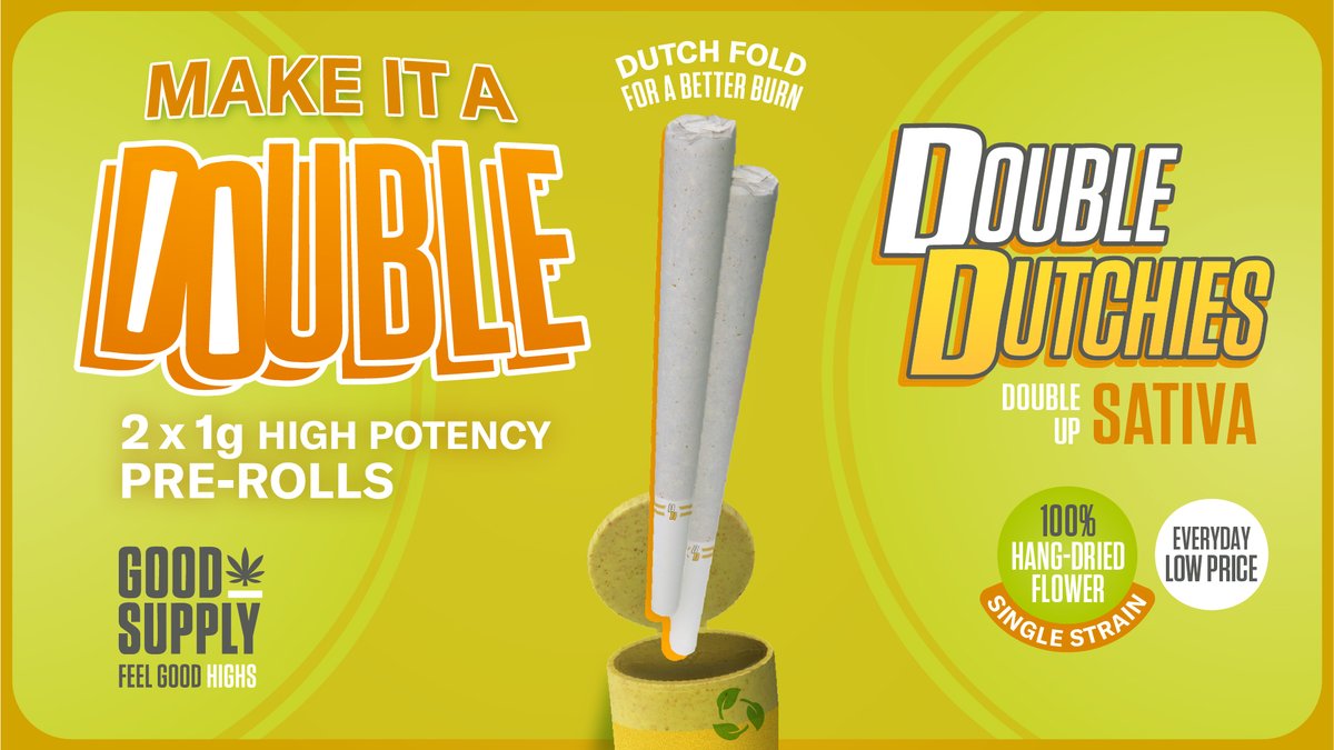 GoodSupplyCan's tweet photo. Make it a double with Double Up Rotating Sativa Pre-Rolls: two 1g heavy-hitters packed with hang-dried, single-strain flower. Citrus flavours, uplifting vibes and big energy — every time. 🍊💨 https://t.co/yDPhszZRZi