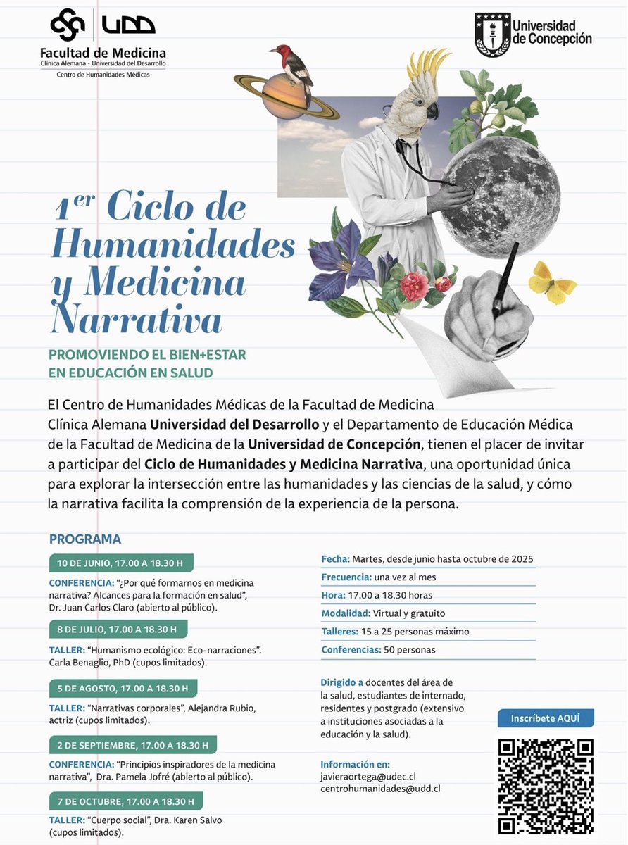 I Ciclo de Humanidades y Medicina Narrativa (en línea)
🇨🇱 <a href="/Clinicaalemana/">Clínica Alemana</a> <a href="/UDD_cl/">UDD</a> <a href="/udeconcepcion/">Universidad de Concepción</a>, 10 junio - 7 octubre.
Inscripción gratuita: medicina.udd.cl/med