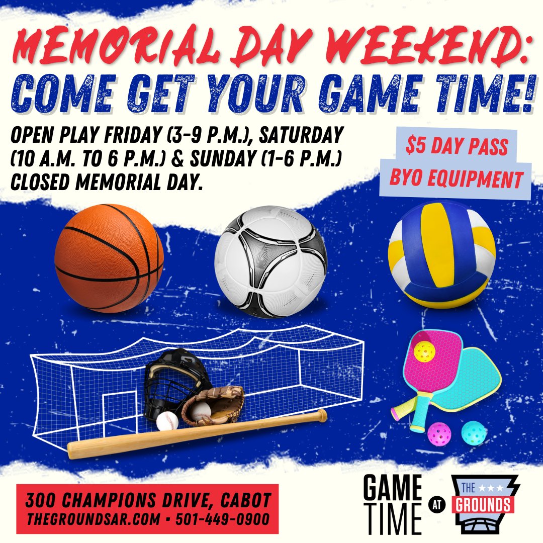thegroundsar's tweet photo. Game Time is ON this weekend! 🎉
We’re back with open play ALL weekend long for just $5/day! 🙌
🗓️ Stop by Friday, Saturday or Sunday
❌ Closed Monday for Memorial Day. https://t.co/p1KVApeOMx