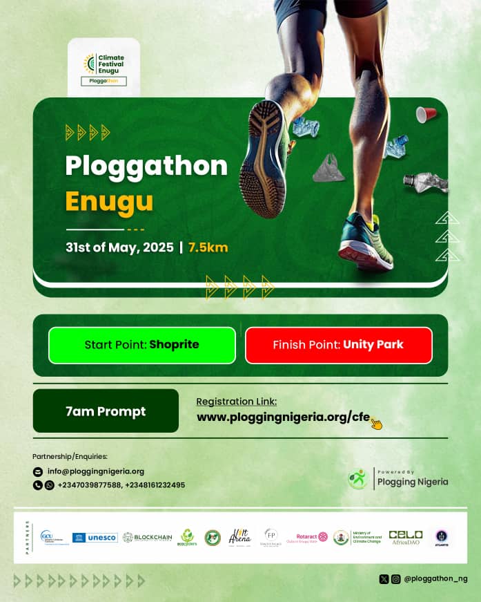 Last 2 weeks #EnuguState hosted an international #Marathon which was massive.😌

In the same energy, come 31st of this May, <a href="/ploggingnigeria/">Plogging Nigeria</a>  will host a mini marathon flavored with sustainability tagged; #Ploggathon, please sign up to participate here👇🏾
ploggingnigeria.org/cfe-ploggathon/