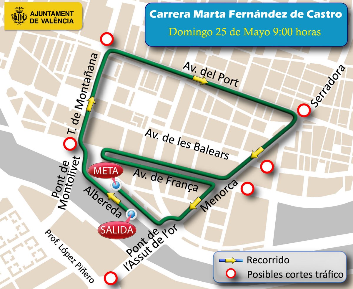 AjuntamentVLC's tweet photo. 👟Diumenge,a les⏰9h, tindrà lloc la VII Carrera Marta Fernández de Castro als #CaminsAlGrau
📍Eixida des de passeig de l'#Albereda
🚧Prohibit aparcar des de dissabte, ⏰22h, fins diumenge a les⏰12h, entre pl. Europa i el pont de l’Assut de l’Or
⚠️Talls al trànsit de⏰6 a 12h https://t.co/qx9zx2Gvuw