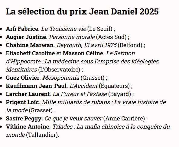 Peggy Sastre (@nikitakarachoi) on Twitter photo Coucou qui c'est qu'est dans la sélection du <a href="/PrixJeanDaniel/">« Prix Jean Daniel »</a> 2025 ? 😎 Coucou qui c'est qu'est dans la sélection du <a href="/PrixJeanDaniel/">« Prix Jean Daniel »</a> 2025 ? 😎