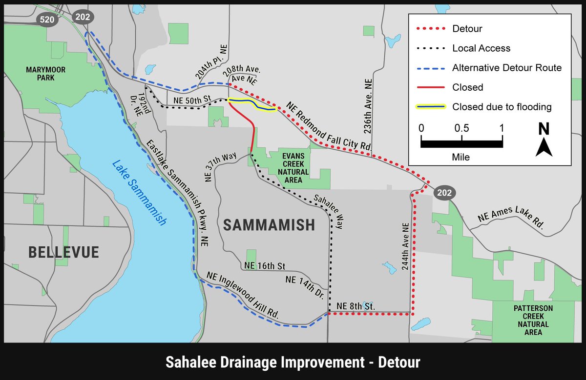 Upcoming road closure in Sammamish – it’s time to plan ahead!
Sahalee Way NE will be closed 24/7 from 6/28 @ 6 am to 7/2 @ 6:30 pm for pipe replacement. All travelers must follow the posted detour – plan on additional time for travel.
More info: KingCounty.gov/Sahalee-Way-NE