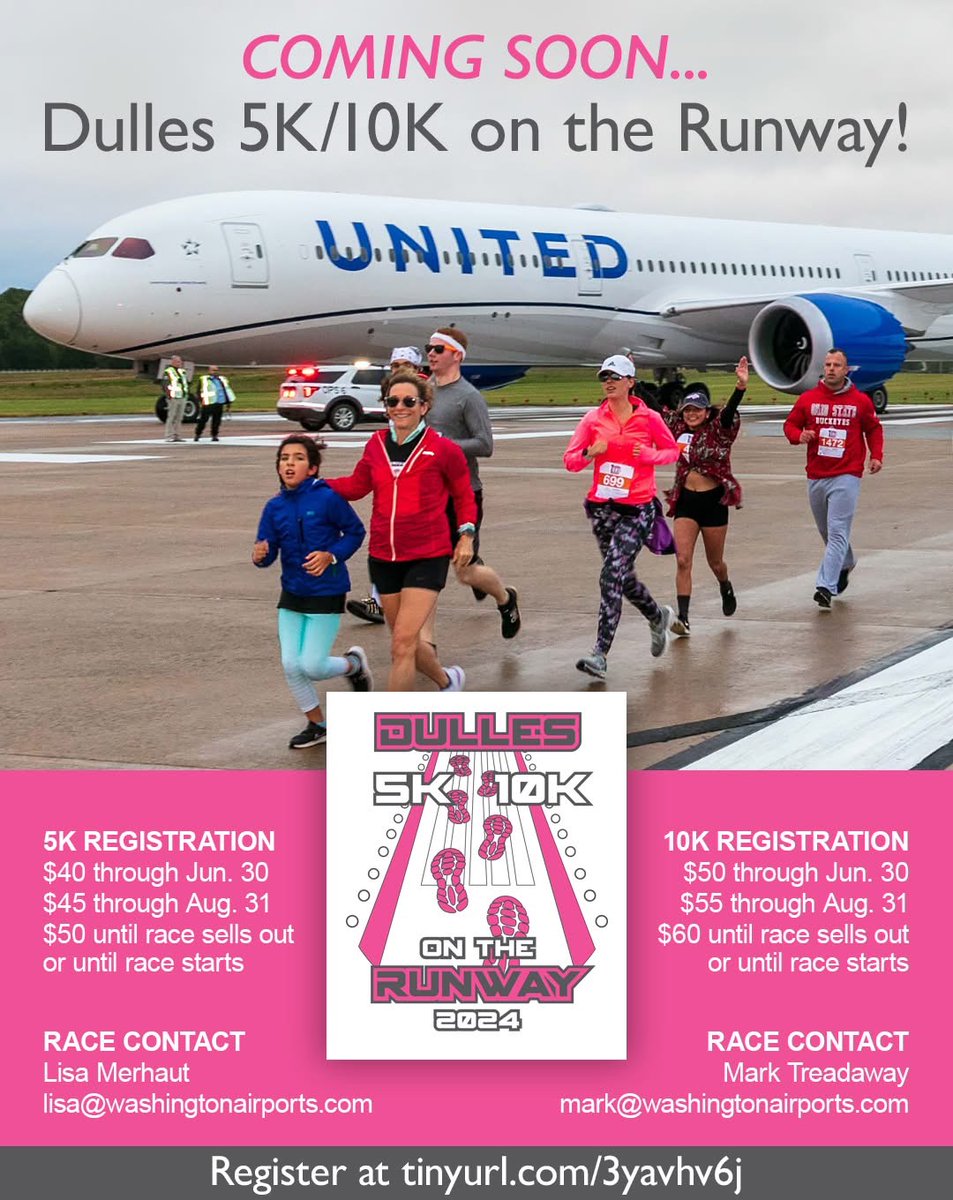 MWAAFireRescue's tweet image. 🚨 COMING SOON: Dulles 5K/10K on the Runway! 🚨
✈️🏃♀️🏃♂️
📅 Sept 27, 2025 | 📍 On the Tarmac
👟 5K & 10K – All ages/paces welcome!
🛫 Register: runsignup.com/Race/VA/Chanti…
📩 Sponsorship info: Mark@washingtonairports.com
#RunTheRunway #DullesRun #IAD5K10K @MWAAHQ @Dulles_Airport