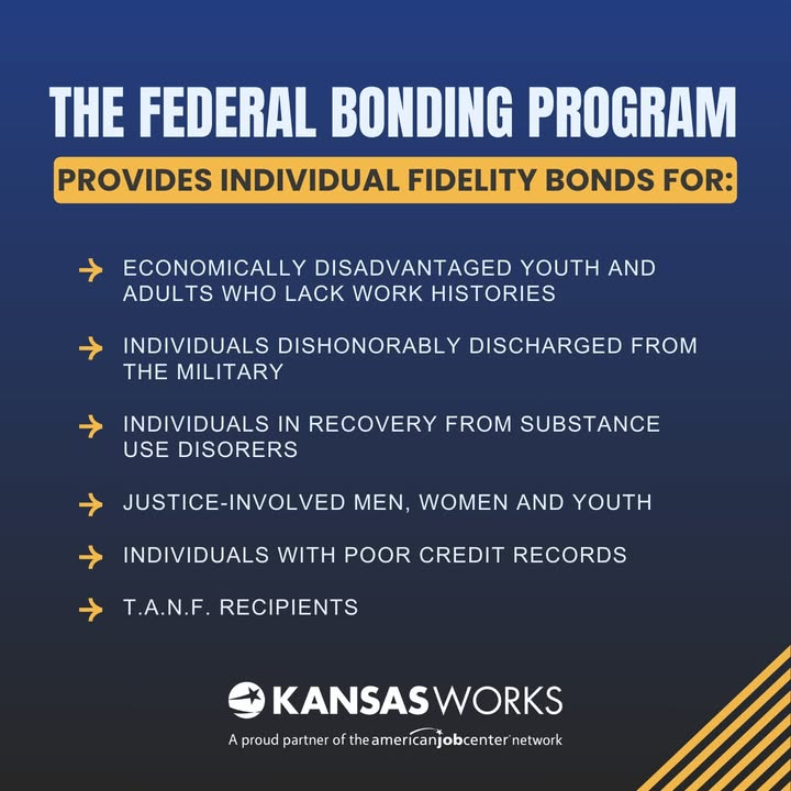 Don't pass on a great job candidate just because they're not commercially bondable! Federal Bonding covers the applicants commercial bonds won't. Contact Ashla at Ashla.Stowe@ks.gov today to learn more!

#KANSASWORKS #FederalBonding #HireWithConfidence #InclusiveHiring #JobSearch