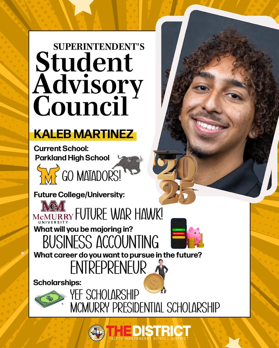 🎓 Parkland HS senior Kaleb Martinez is headed to McMurry University to study business accounting! 💼 He plans to become an entrepreneur and earned the YEF Scholarship and McMurry Presidential Scholarship! 💸

Thanks for being a leader at Parkland and across #THEDISTRICT! 💛🖤