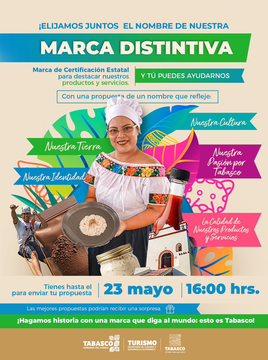 Tú puedes nombrar lo que nos representa!✨

Crea un nombre auténtico para la Marca Distintiva de Tabasco, que refleje nuestra tierra, cultura e identidad.

Participa antes del 23 de mayo, 16 h y sorpréndenos con tu propuesta. ¡Las mejores ideas podría  llevarse una sorpresa!