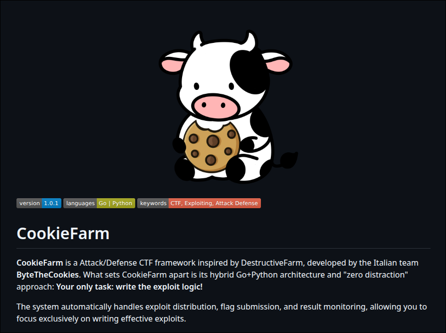ByteTheCookies's tweet photo. 🍪 We’re excited to introduce CookieFarm — an Attack/Defense tool designed to manage, distribute, and monitor exploits during #CTF competitions.

🚀 Version v1.0.1 is now live: https://t.co/PAN47Yxl7G
⭐ If you like the project, drop a star on GitHub! https://t.co/rkQVGQZmv6
