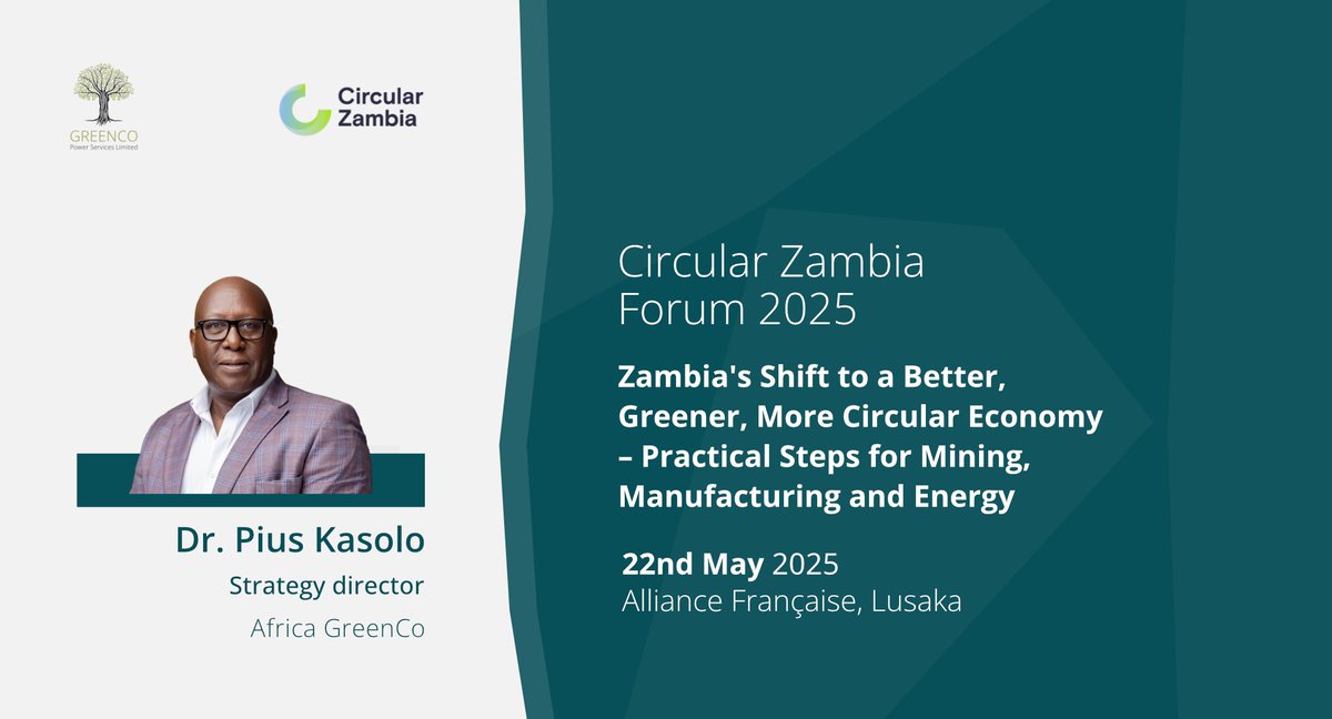 Our Strategy Director, Dr. Pius Kasolo, will be participating in a panel at the upcoming Circular Zambia Forum 2025

📅 Date: 22nd May 2025
⏲️ Time: 15:30 hrs