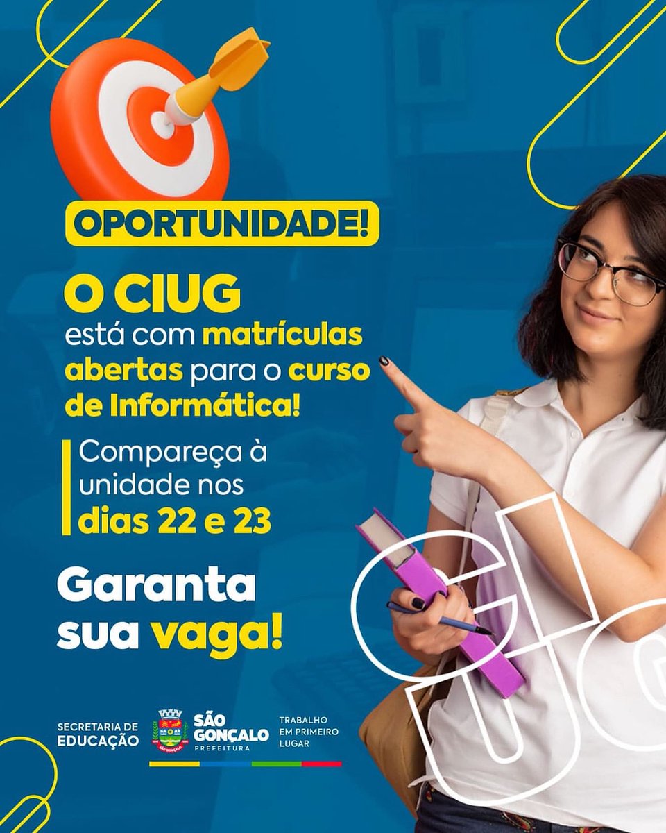 inslofi's tweet photo. 📢 CIUG ABRE VAGAS PARA CURSO GRATUITO DE INFORMÁTICA COM MATRÍCULA REALIZADA DE FORMA PRESENCIAL NA UNIDADE!

🧑‍💻 A partir desta quinta-feira (22), o Centro Interescolar Ulysses Guimarães (CIUG) iniciará o período de matrícula para 246 vagas do curso de Informática. https://t.co/Sws7JIsIlP