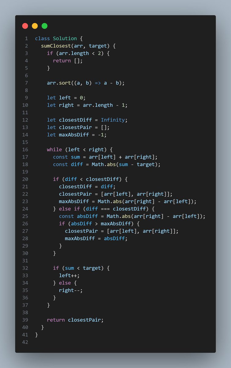 Shashank8839's tweet photo. 🎯 Day 53 – Find the Pair Closest to a Target Sum
#geekstreak2025  | #gfg160 | @geeksforgeeks  
 #twopointer #closestsum #sumclosesttarget #dsaprep #javascriptdsa #pairlogic #arrayproblems #codinggrind #interviewquestions #bigotechniques #techcontent #programmingdaily https://t.co/V36rGwhgsS
