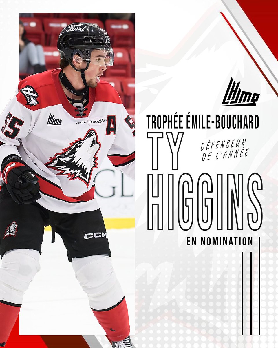 HuskiesRn's tweet photo. 🚨🚨 EN NOMINATION 🚨🚨

La @LHJMQ poursuit aujourd’hui la remise de ses honneurs individuels

Pour le Trophée Émile-Bouchard, remis au défenseur de l'année dans la ligue, notre assistant, Ty Higgins, reçoit une nomination ! 🐺🎉

#HuskiesRN #LaVilleEstHuskies https://t.co/tMI7xMLuGk