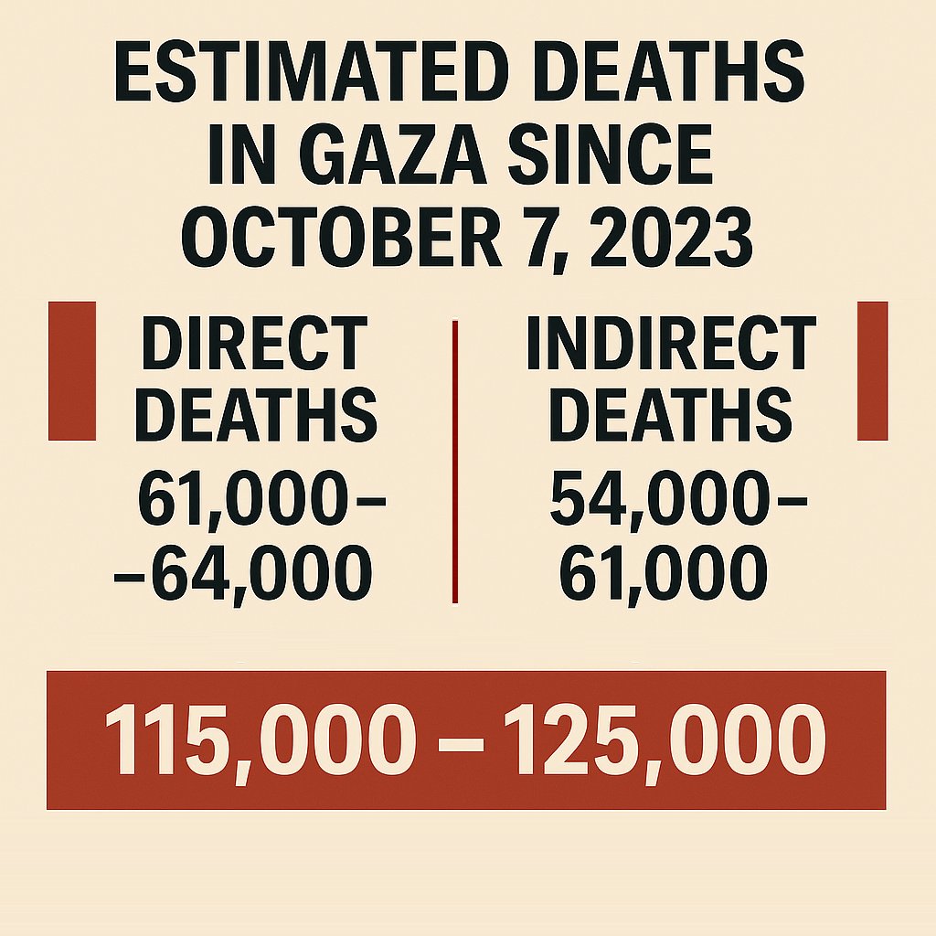 🔔NEW ESTIMATED GAZA DEATH TOLL

The Economist recently published a study estimating the death toll in Gaza at up to 109,000 lives

After running my own analysis using AI, I estimate the total number of deaths (direct &amp; indirect) to be between 115,000 and 125,000

CEASEFIRE NOW