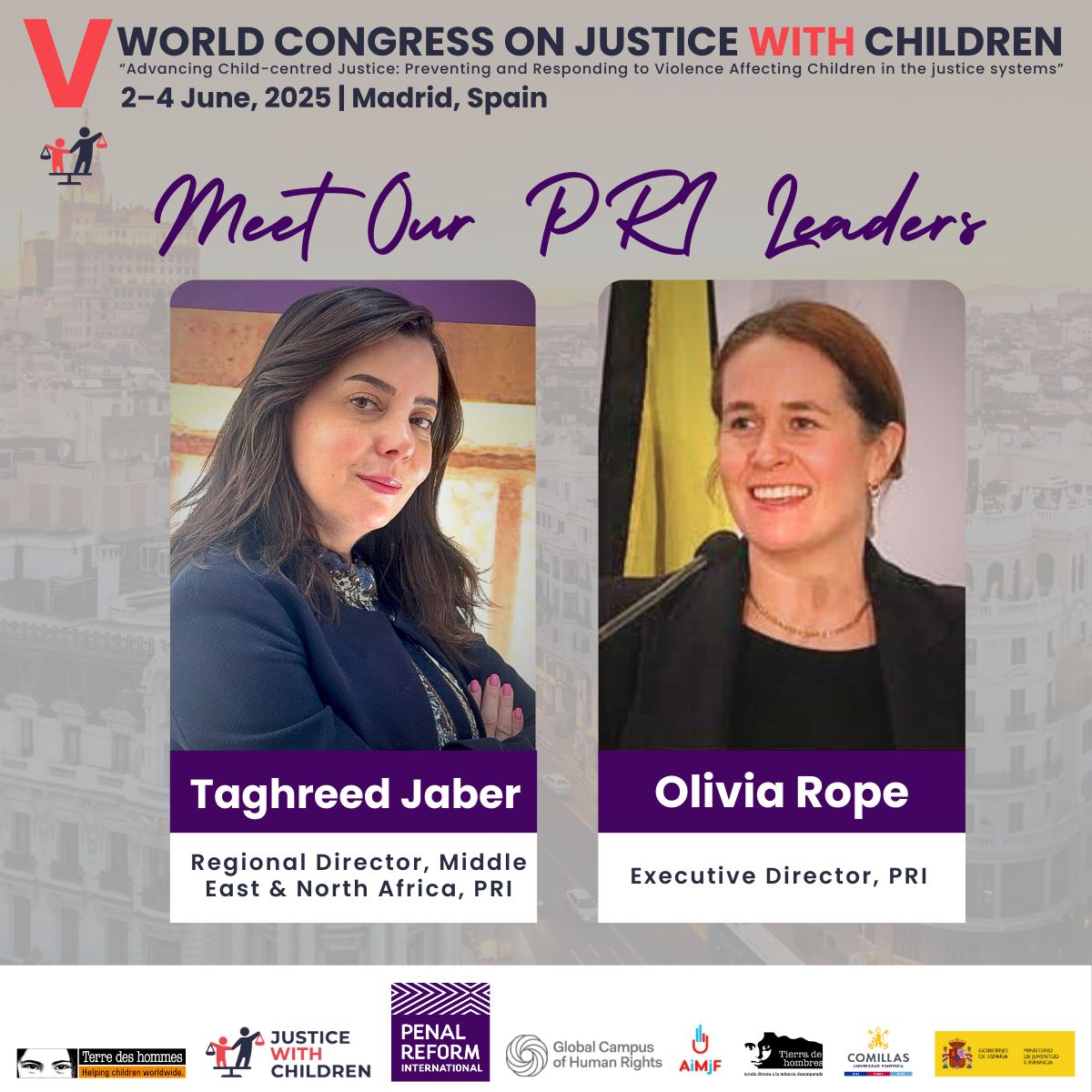 Meet our PRI leaders at #JWC2025 in #Madrid! <a href="/LiviRope/">Olivia Rope</a>, Executive Director 
<a href="/Taghreed_Jaber/">Taghreed Jaber</a>, Regional Director #MENA
They’ll speak on justice reform &amp; child rights. 
👉Explore the programme and register today: register.justicewithchildren2025.com/5th-world-cong…

#PRI #ChildRights #JusticeWithChildren2025