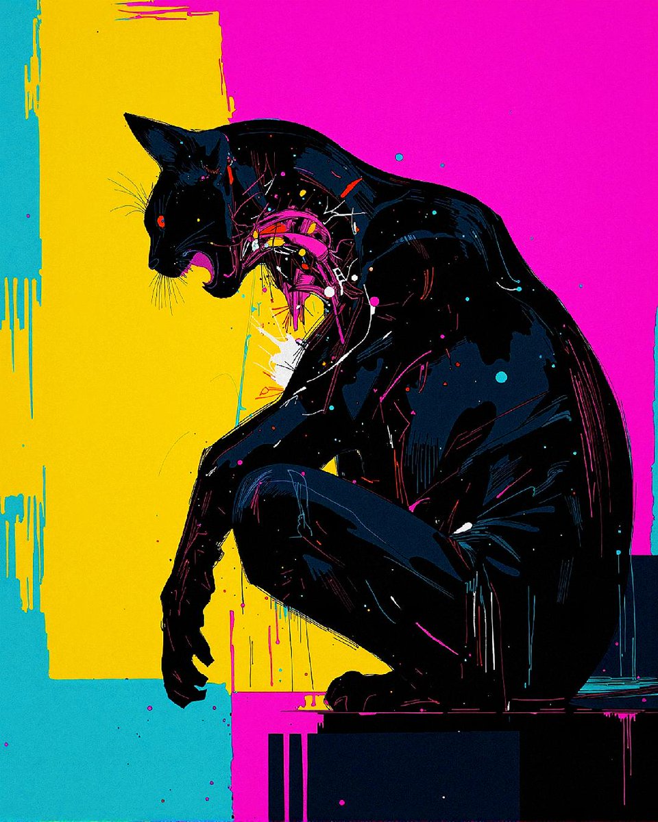 CatArtSpring1's tweet image. This vibrant feline portrait by Felini explores turmoil and observation through a striking black cat against a vivid backdrop. The contrast compels you to ponder the hidden narratives on the human/feline condition. What stories do you see?
#InsideCat #Raw #Scream