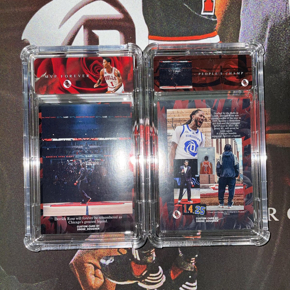DesignerDrose's tweet image. 🚨 DERRICK ROSE CARTES HOMMAGE 🚨

2 cartes, seulement 10 exemplaires pour chaque ! 
Une carte pour se souvenir de moments marquants de sa carrière aux Bulls et un carte pour célébrer le week-end qui lui a été dédié le 4 janvier 2025 🥀

Cartes 100% custom, envoi mondial ! 

DM !