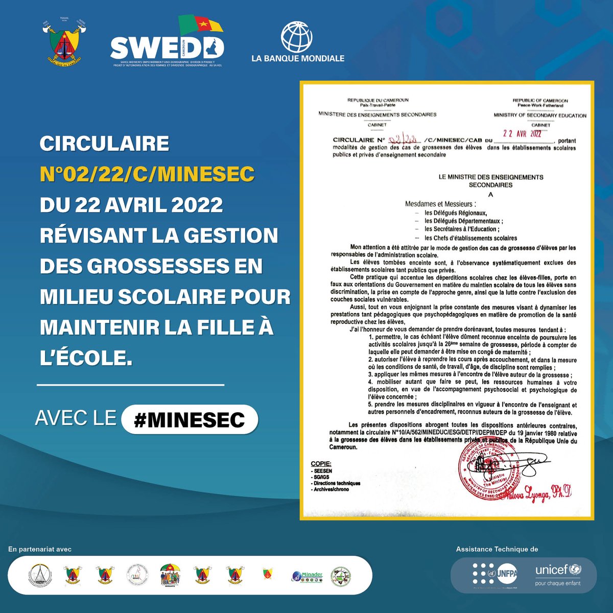 UNFPACameroon's tweet photo. Pour faire progresser l’autonomisation des femmes le #Projet #SWEDD2 #Cameroun a réalisé des interventions stratégiques : 1️⃣Avec le #MINESEC -Circulaire N°02/22/C/MINESEC du 22 avril 2022 révisant la gestion des grossesses en milieu scolaire pour maintenir la fille à l’école. https://t.co/P2PZj6w6aA
