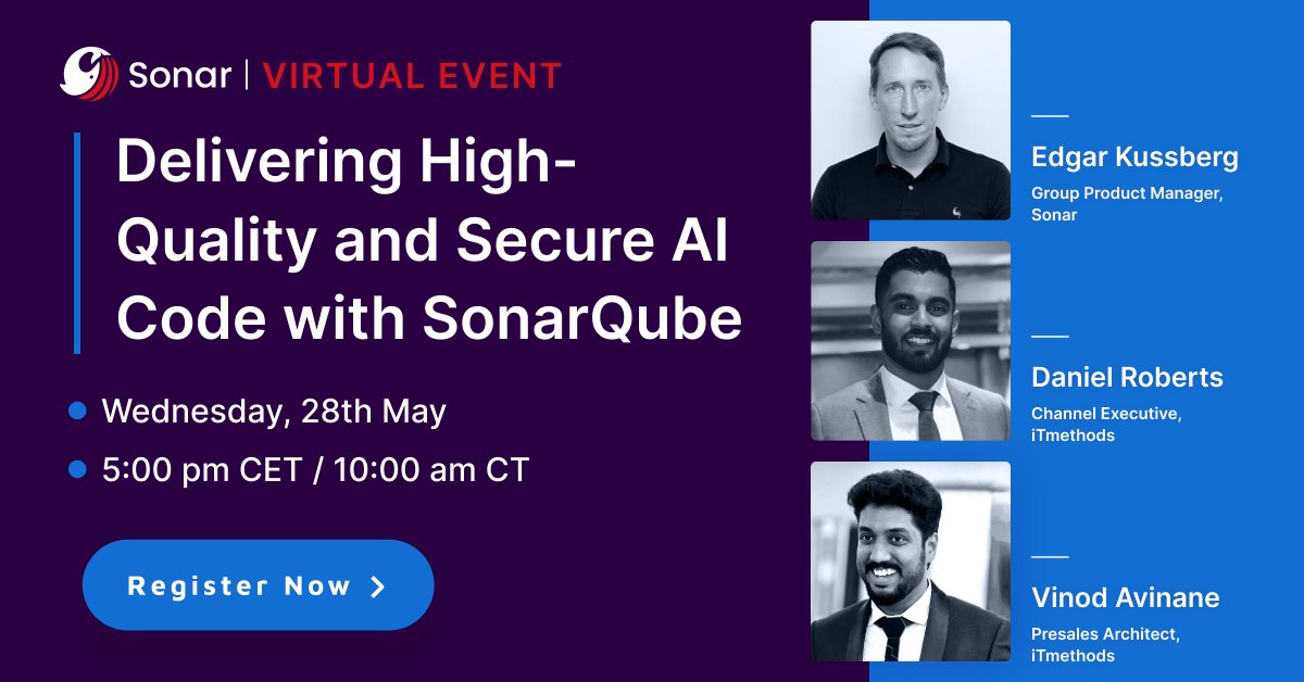 SonarSource's tweet image. Level up your knowledge on AI-generated code! 🧠 

Join Sonar and @iTmethods on May 28th for practical guidance, use cases, and adoption of Sonar solutions, addressing your #CodeQuality and #CodeSecurity. 💡

Register now! bit.ly/3HicpNY 

#TechWebinar