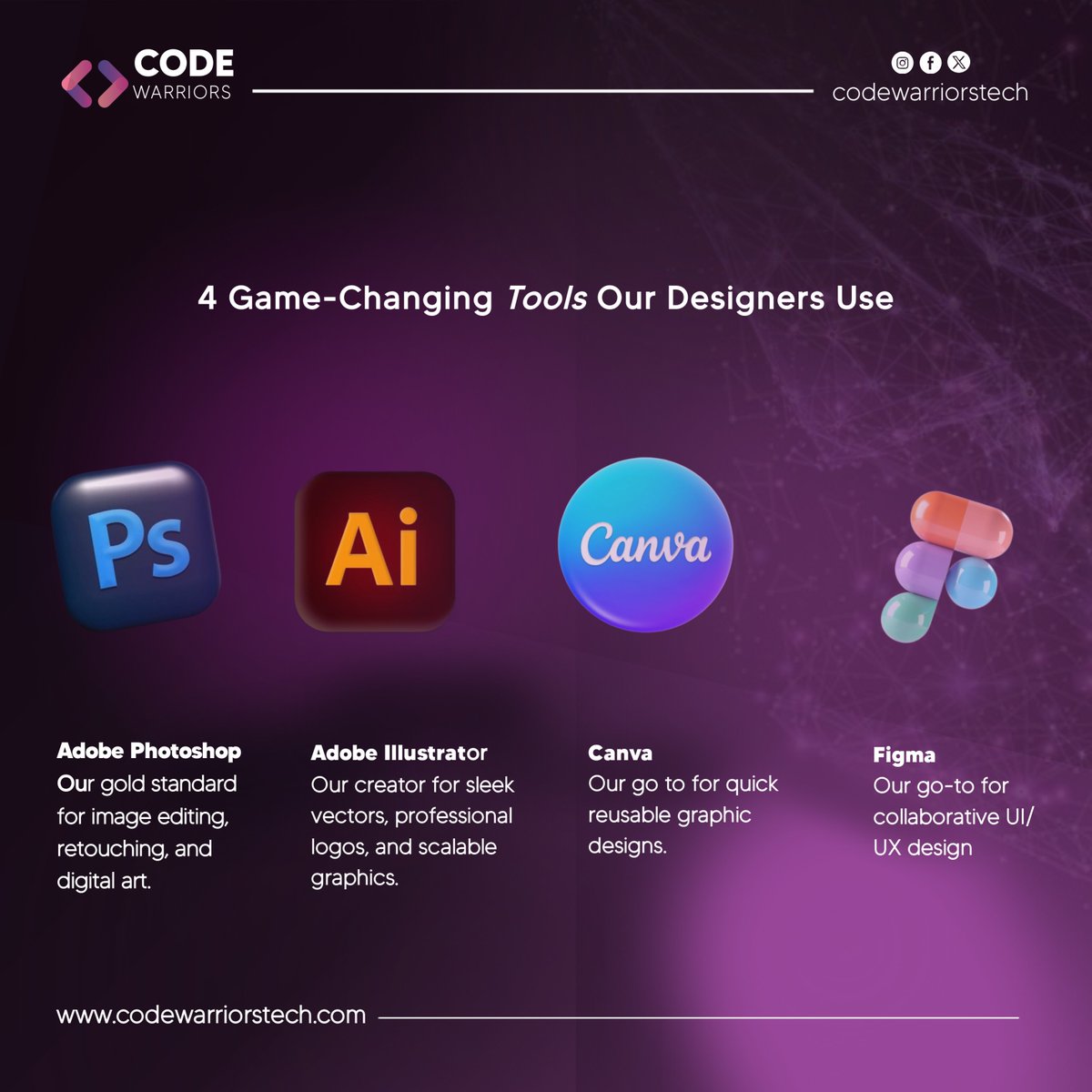 codewarriors02's tweet photo. Every great design starts with the right tools. At Code Warrior Tech, these 3 are non-negotiables:  Photoshop – Image editing &amp; digital art  Illustrator – Vectors &amp; logos  Figma – UI/UX, wireframes &amp; collab  What’s in your toolkit? Drop your top picks #CodeWarriorTech #UXUIDesign https://t.co/7Wza0Tfz7Y