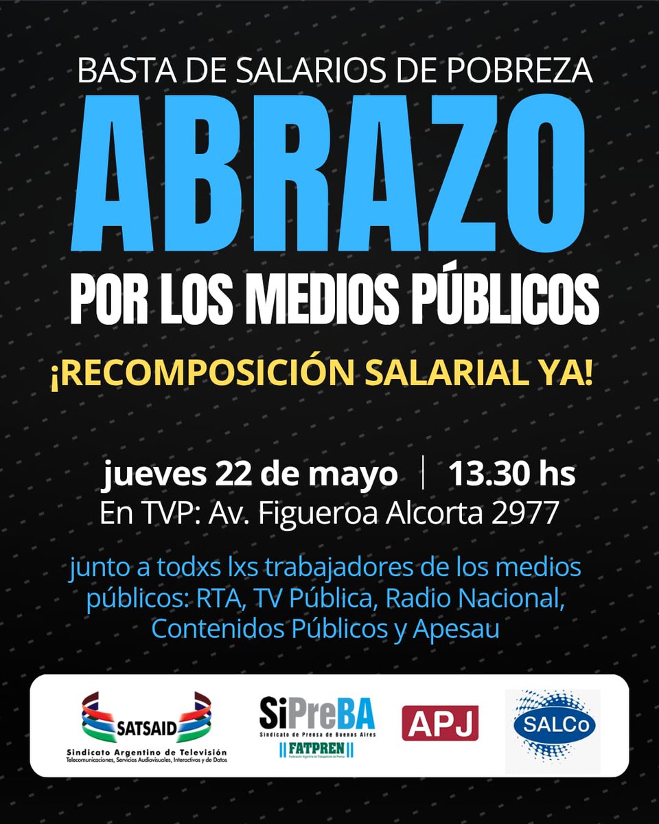 MAÑANA - Abrazamos a los medios públicos en la histórica sede de Canal 7, contra los intentos de privatización y negociados. La TV Pública y los medios públicos son del pueblo argentino 🇦🇷
#MediosPúblicosEnLucha
#10MesesSinParitarias
#DefendemosLosMediosPúblicos