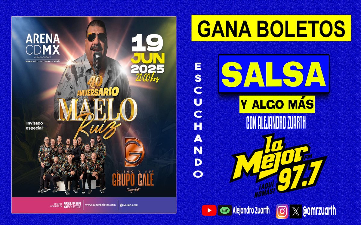 amrzuarth's tweet photo. #SalsayAlgomas POR @LaMejor FM TE LLEVA CON @Maelo__Ruiz Y @grupogale 🔥🔥🔥

REGISTRATE VÍA WS 📲5589032977 
✔️CON TU NOMBRE COMPLETO ➕ NÚMERO CELULAR ➕ #YoQuieroIrALaSantanera   
.
.
.
#SalsayAlgomas #MaeloyGaléEnMéxico #GanaBoletos #ElQueSabeSabe #ExperienciaVIP #AquiNomas https://t.co/vzIdsBaVMl