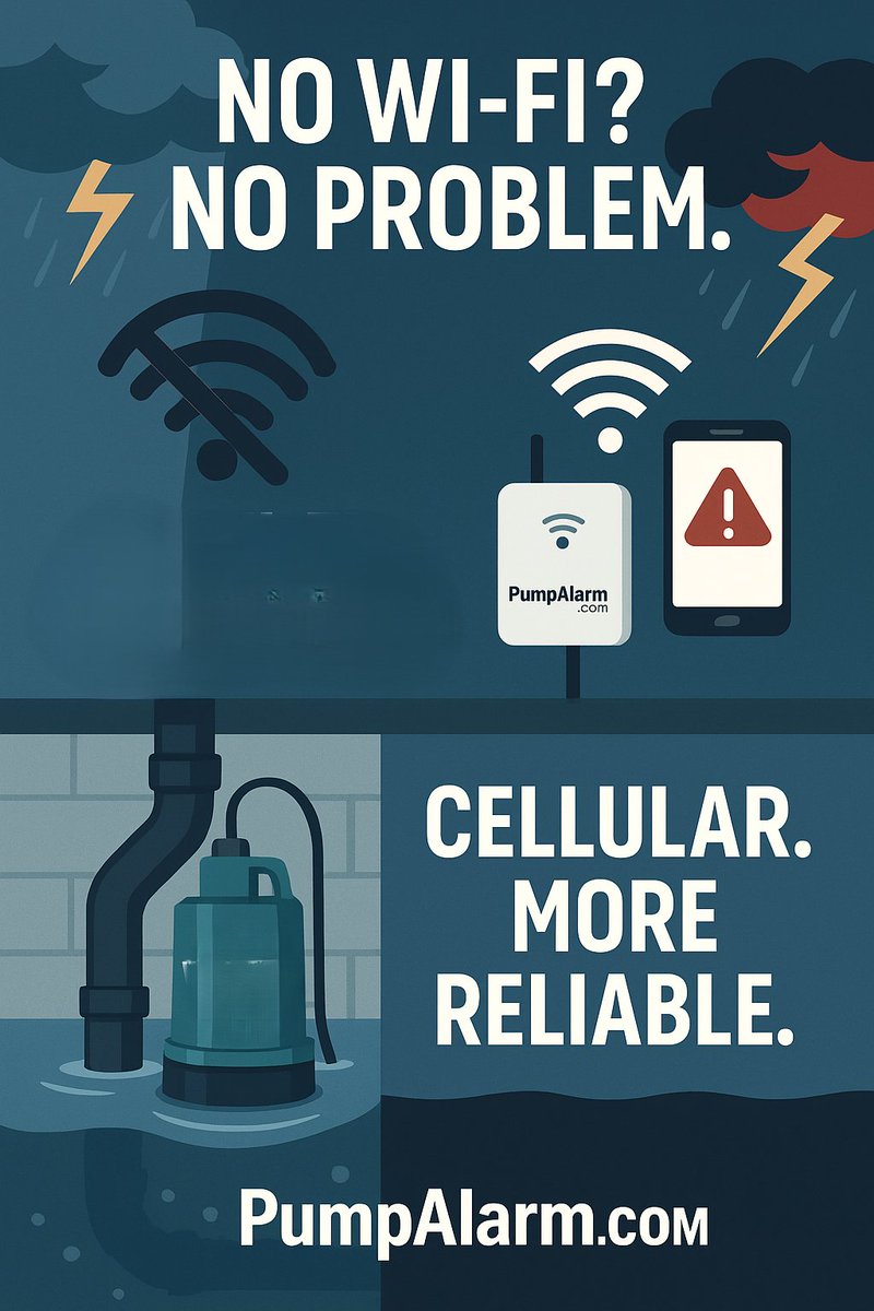 PumpAlarm's tweet photo. No Wi-Fi? No Problem. Your basement’s protection shouldn’t depend on your wifi signal. PumpAlarm runs on cellular, not Wi-Fi, meaning your alerts come through when it matters most.
✅ Alerts sent straight to your phone
✅ Works through a power outage https://t.co/zXcCWm78Qp