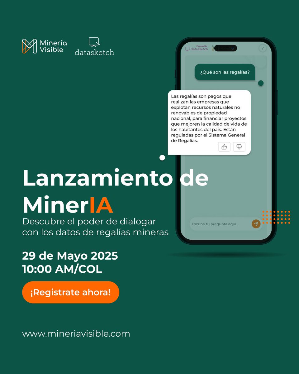 ¡Empoderando comunidades con conocimiento! #MinerIA, nuestro agente de IA, pone la información sobre regalías mineras al alcance de tu mano a través de conversaciones. El 29 de mayo ven al evento de lanzamiento. Regístrate dskt.ch/4drlQqx 
#IA, #inteligenciaartificial