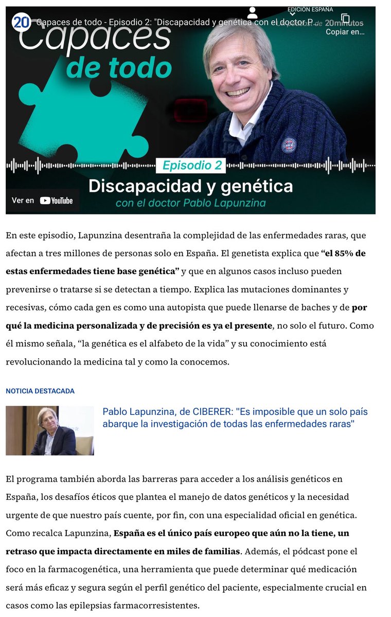 Las #EERR en su mayoría, 85%, tienen una base #genética, por eso la especialidad es tan importante, y los avances en investigación son la esperanza💚💜, que refleja la medicina de precisión, como nos cuenta el director del <a href="/CIBERER/">CIBERER</a>, Pablo Lapunzina.
“La genética, un tsunami que